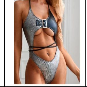 Silver snake skin/ black leather monokini